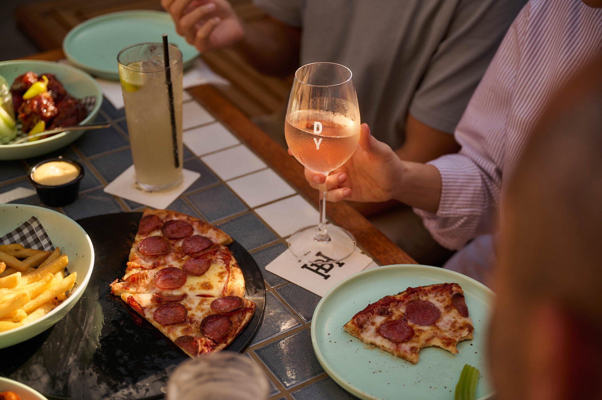 Pizza and wine at Battery House at DYRSL